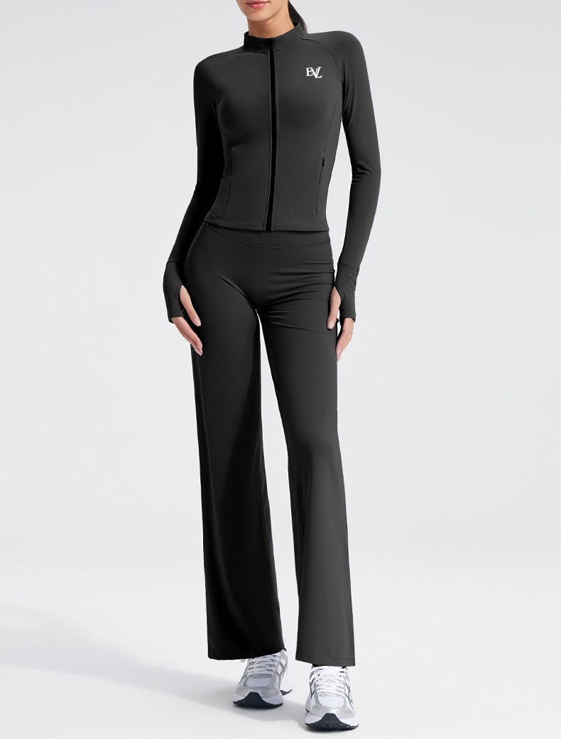 Black EVL fitted zip jacket with a high neckline and long sleeves.
