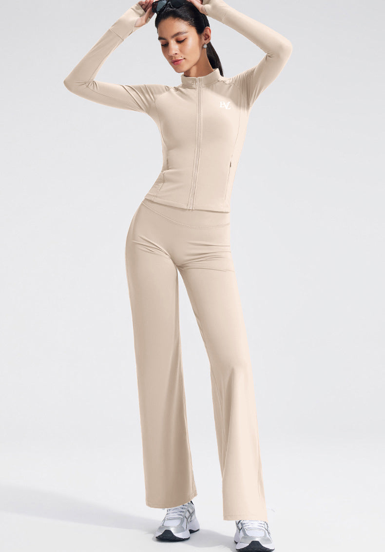 Beige EVL fitted zip jacket with a high neckline and zip-front design.