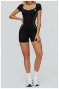 Black EVL fitted short jumpsuit with a sweetheart neckline and short sleeves.