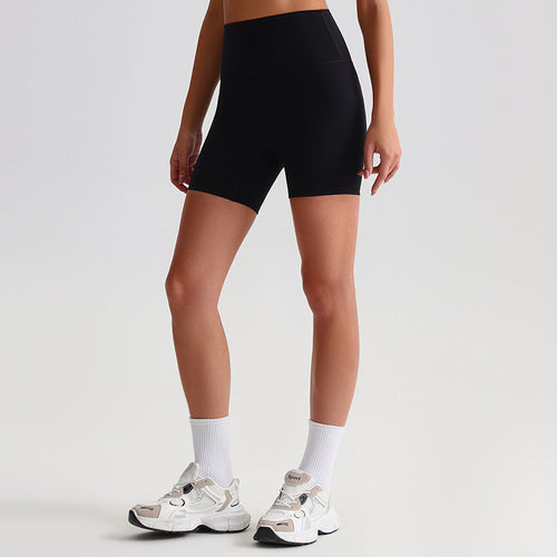 Black EVL high-rise cycling shorts with a fitted, thigh-length silhouette.